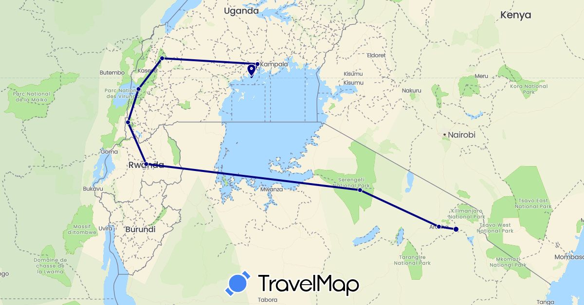 TravelMap itinerary: driving in Rwanda, Tanzania, Uganda (Africa)