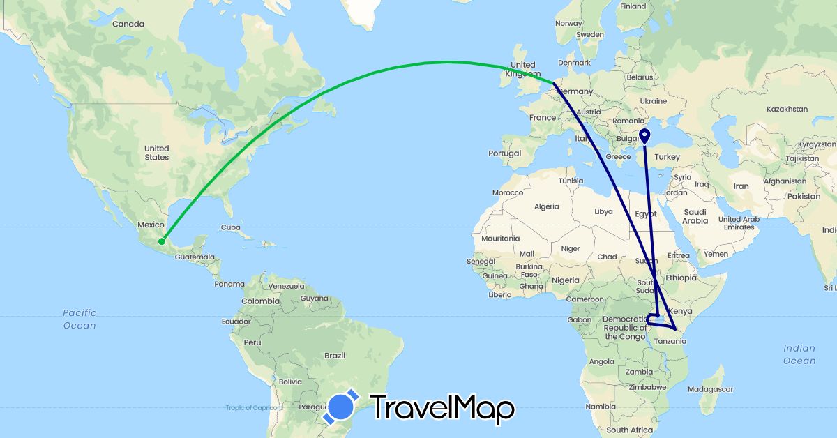 TravelMap itinerary: driving, bus in Mexico, Netherlands, Rwanda, Turkey, Tanzania, Uganda (Africa, Asia, Europe, North America)